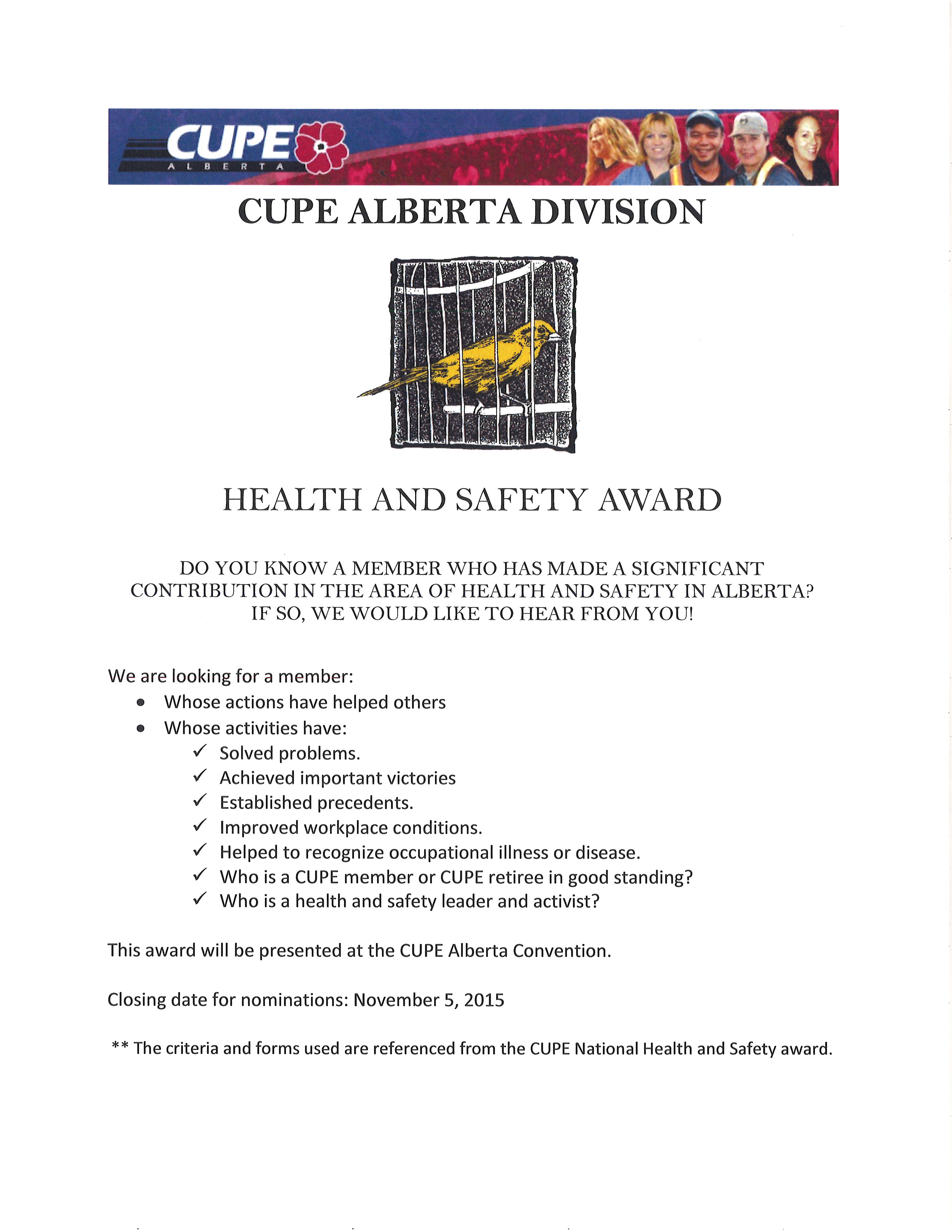CUPE ALBERTA DIVISION HEALTH AND SAFETY AWARD FLYER